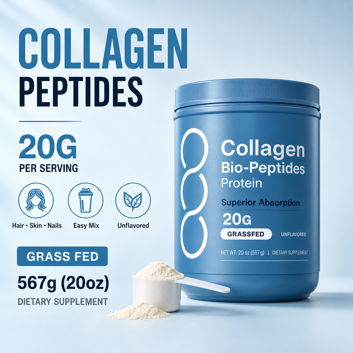 Collavelle Advanced Collagen Peptides Powder – Grass-Fed Hydrolyzed Protein | 20oz